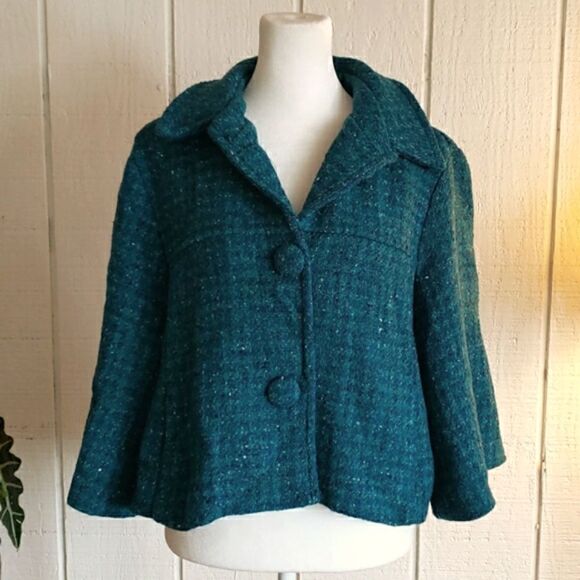 NECESSARY OBJECTS 60's Retro Vintage-Vibe Style Crop Wool Blend Coat Green Blue - Picture 1 of 6